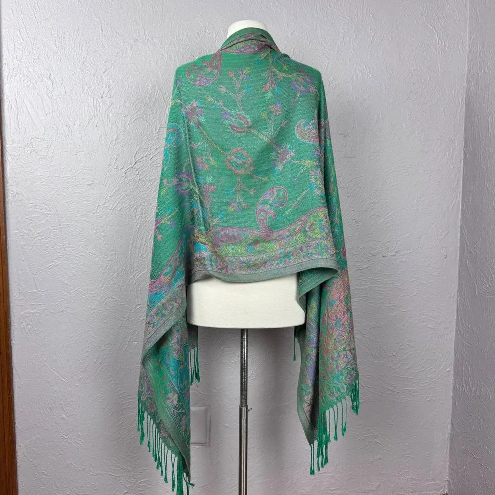 Teal green and purple paisley Pashmina fringe scarf Bohemian Shawl Wrap